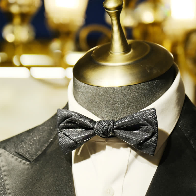 Men's Dark Gray Striped Herringbone Pattern Bow Tie - Image 6