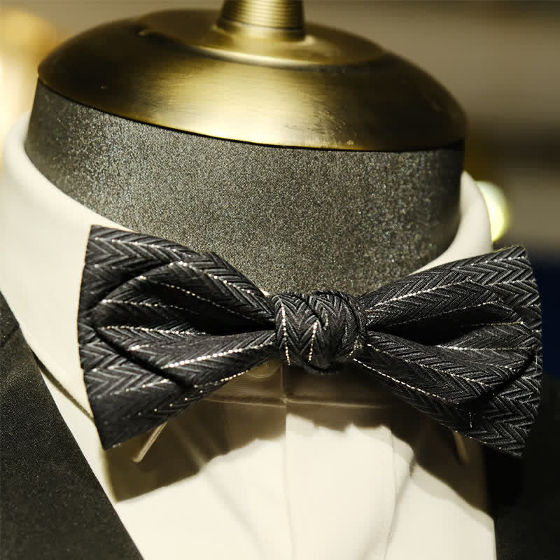 Men's Dark Gray Striped Herringbone Pattern Bow Tie - Image 7