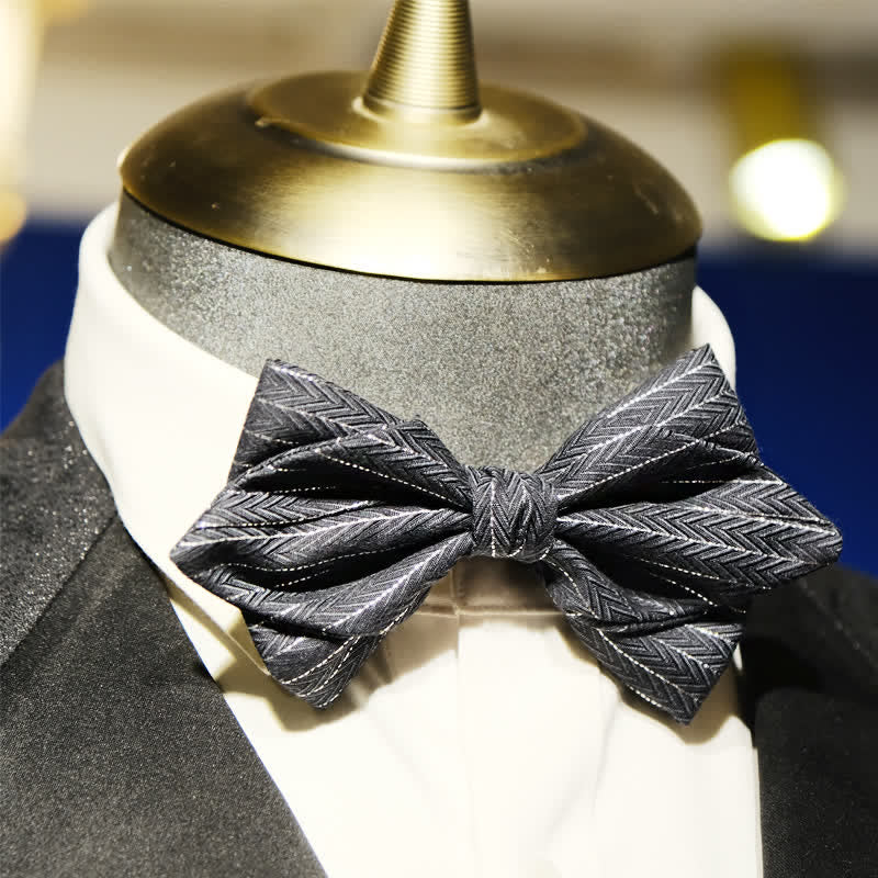 Men's Dark Gray Striped Herringbone Pattern Bow Tie - Image 8