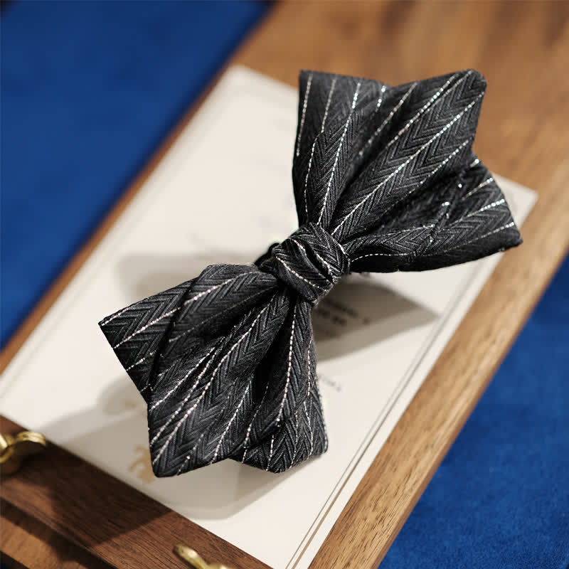 Men's Dark Gray Striped Herringbone Pattern Bow Tie - Image 9