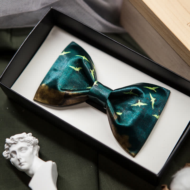 Men's Dark Green Flying Crane Printing Bow Tie - Image 2