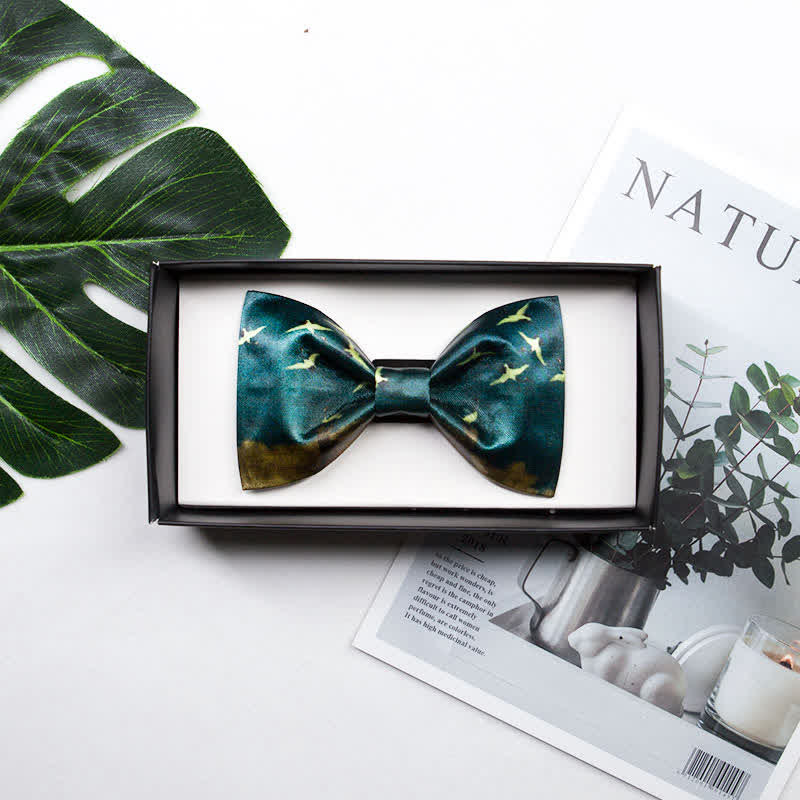 Men's Dark Green Flying Crane Printing Bow Tie - Image 3