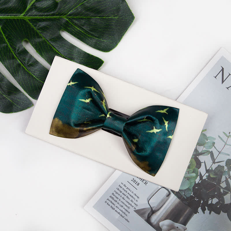 Men's Dark Green Flying Crane Printing Bow Tie - Image 4
