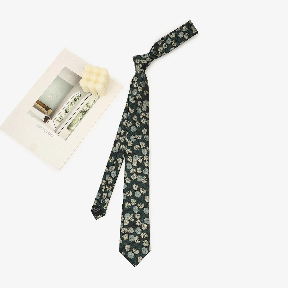 Men's Dark Green Whimsical Pattern Hand-tied Necktie - Image 3