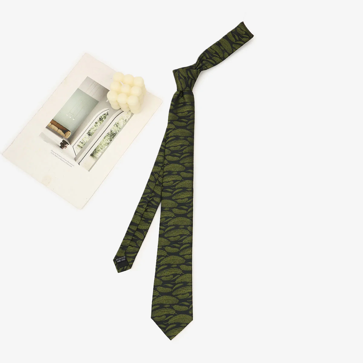 Men's Dark Green Whimsical Pattern Hand-tied Necktie - Image 5