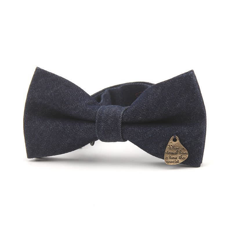 Men's Dark Navy Blue Metallic Decors Denim Cotton Bow Tie - Image 4