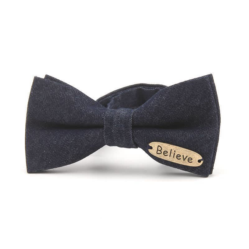 Men's Dark Navy Blue Metallic Decors Denim Cotton Bow Tie - Image 5