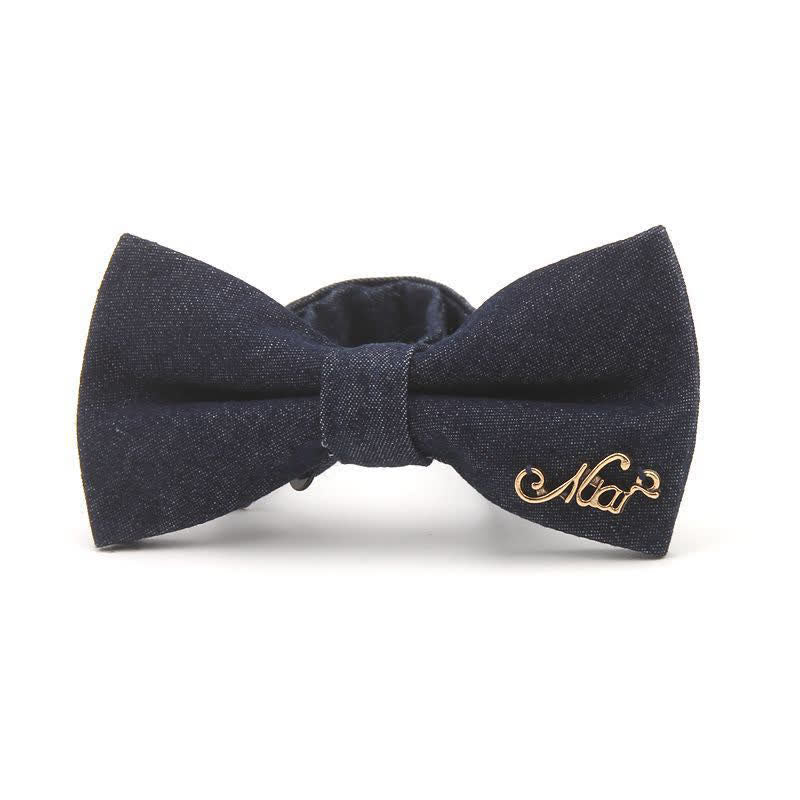 Men's Dark Navy Blue Metallic Decors Denim Cotton Bow Tie - Image 7