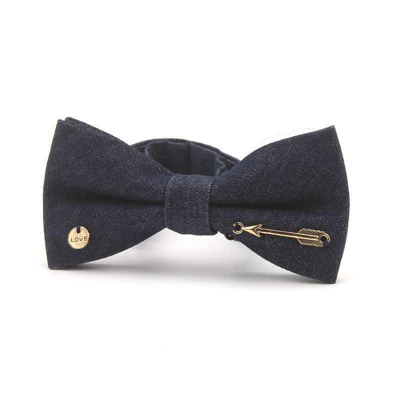 Men's Dark Navy Blue Metallic Decors Denim Cotton Bow Tie - Image 9