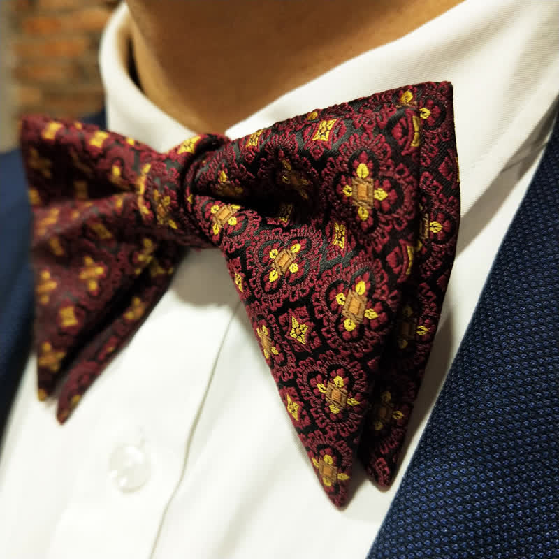 Men's Dark Red & Gold Embroidery Oversized Pointed Bow Tie - Image 2