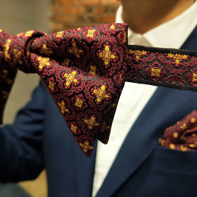 Men's Dark Red & Gold Embroidery Oversized Pointed Bow Tie - Image 4