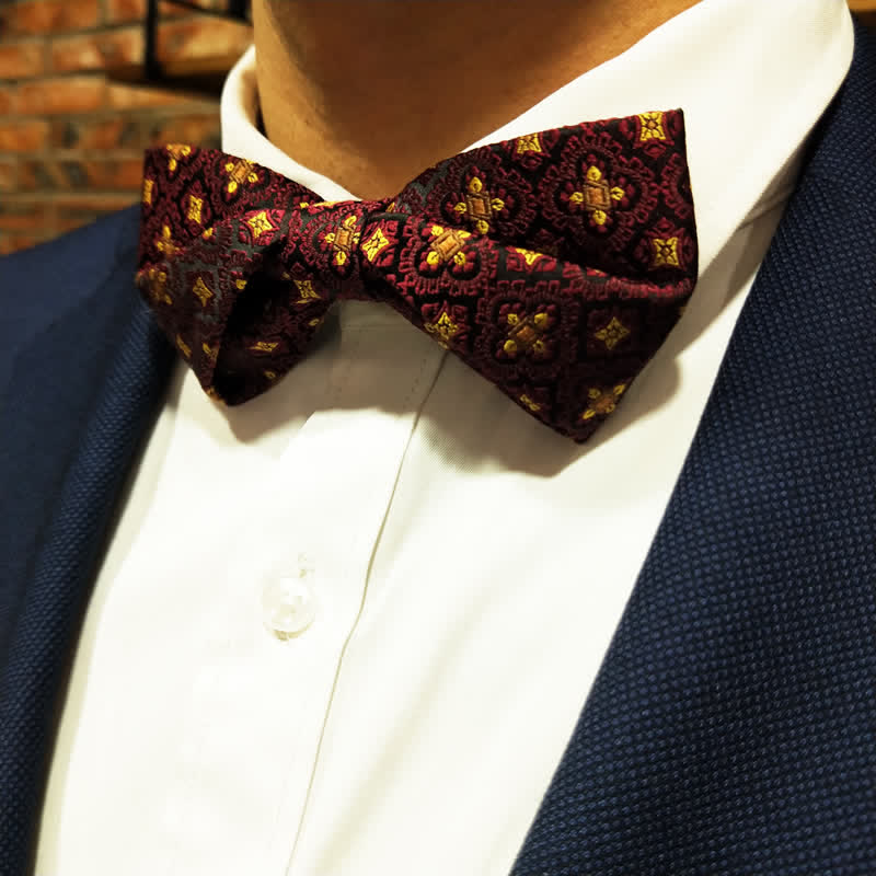 Men's Dark Red & Gold Embroidery Oversized Pointed Bow Tie - Image 7