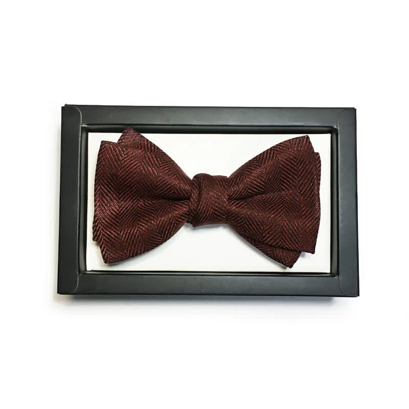 Men's Dark Wine Red British Herringbone Floral Brooch Bow Tie - Image 2