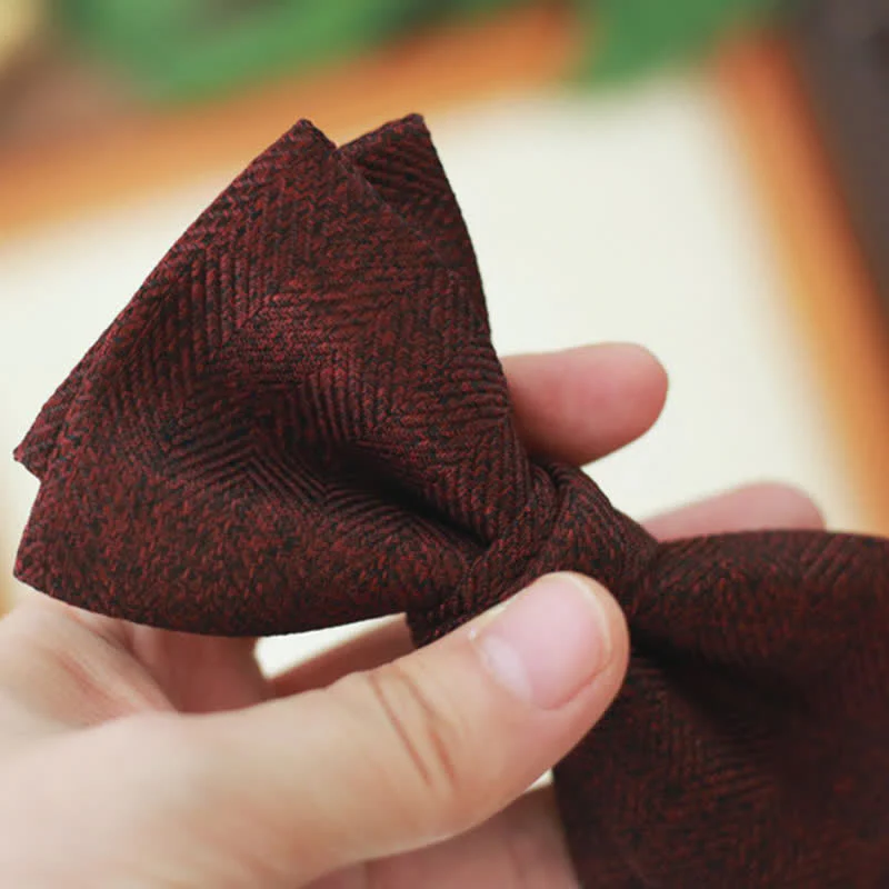 Men's Dark Wine Red British Herringbone Floral Brooch Bow Tie - Image 4