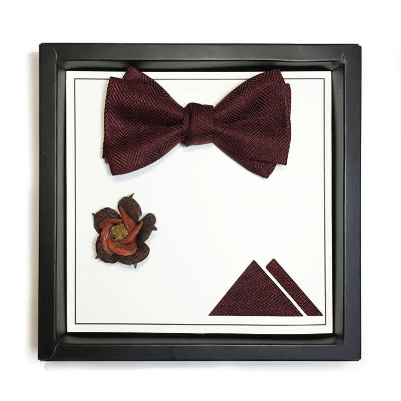 Men's Dark Wine Red British Herringbone Floral Brooch Bow Tie - Image 7