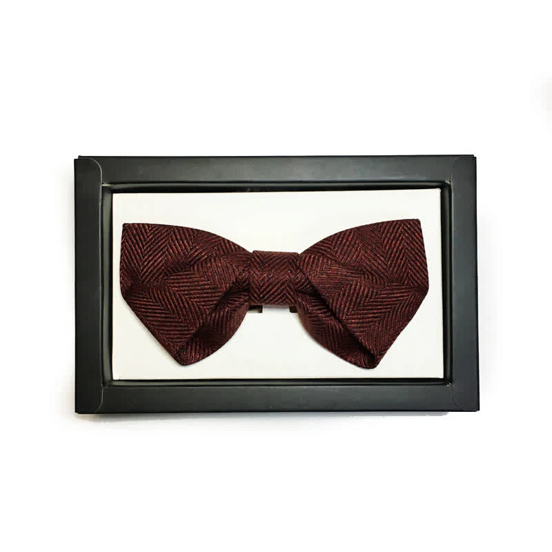 Men's Dark Wine Red British Herringbone Floral Brooch Bow Tie - Image 8