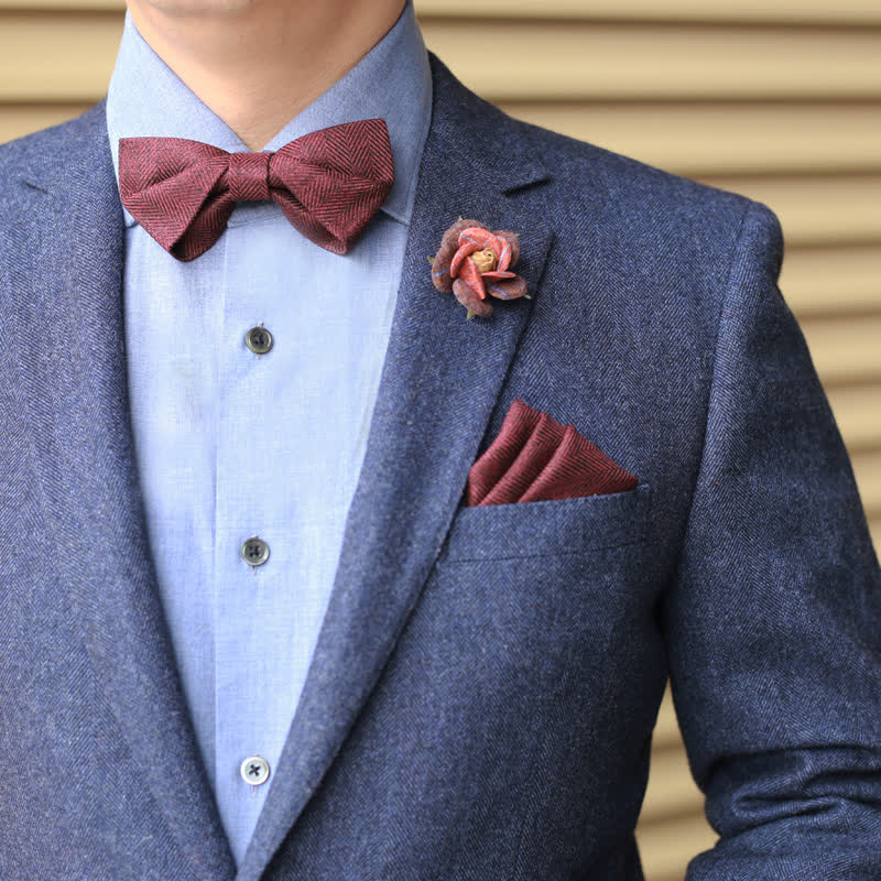 Men's Dark Wine Red British Herringbone Floral Brooch Bow Tie - Image 9