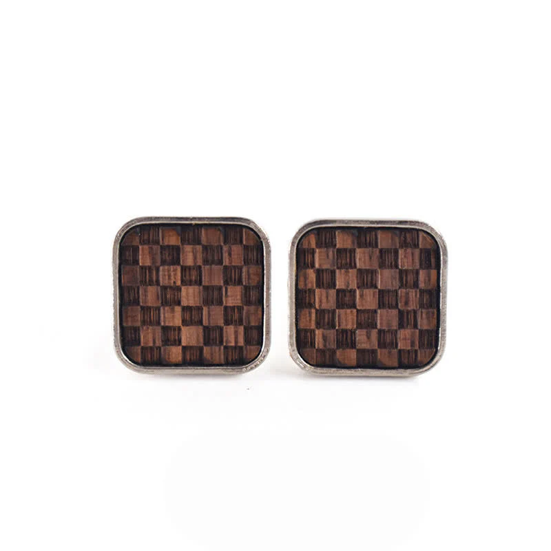 Men's Darkened Small Checkerboard Squares Wooden Cufflinks - Image 3