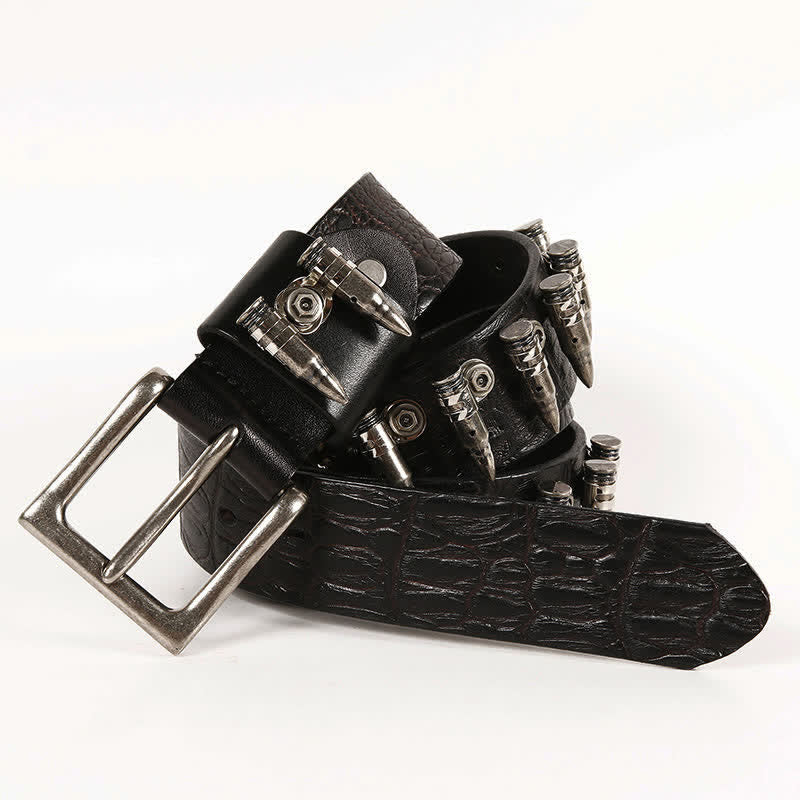 Men's Decorative Bullet Rivets Crocodile Pattern Leather Belt - Image 2
