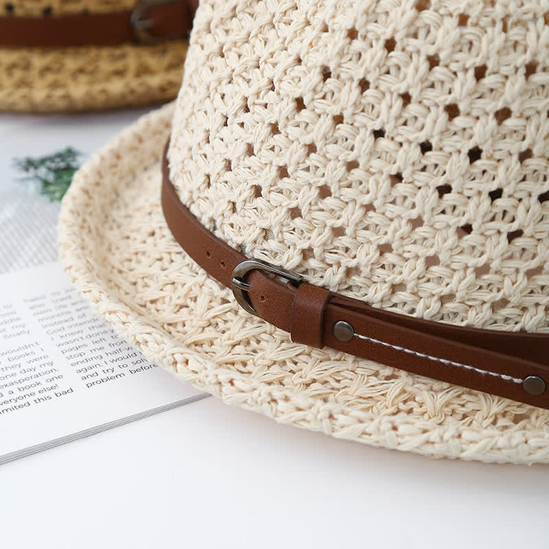 Men's Decorative Leather Strap Hollow Out Straw Fedora Hat - Image 4