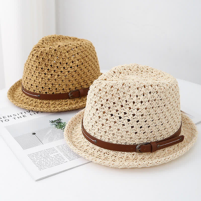 Men's Decorative Leather Strap Hollow Out Straw Fedora Hat - Image 5