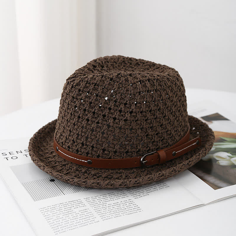 Men's Decorative Leather Strap Hollow Out Straw Fedora Hat - Image 7