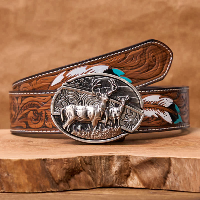 Men's DIY Deer Flag Hidden Folding Knife Leather Belt - Image 13