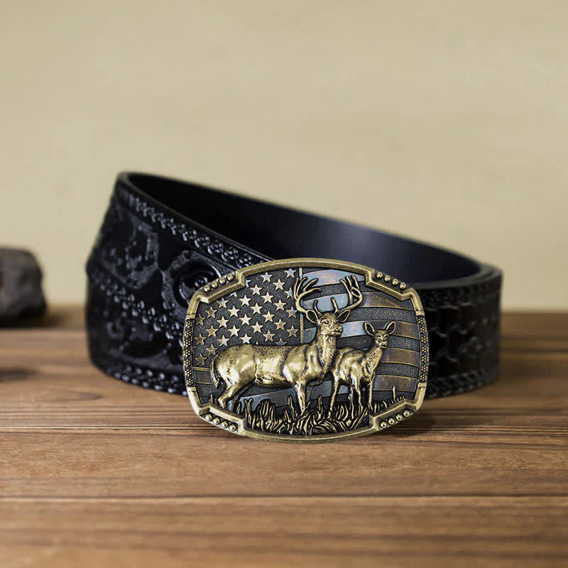 Men's DIY Deer Hunter American Flag Buckle Leather Belt - Image 26