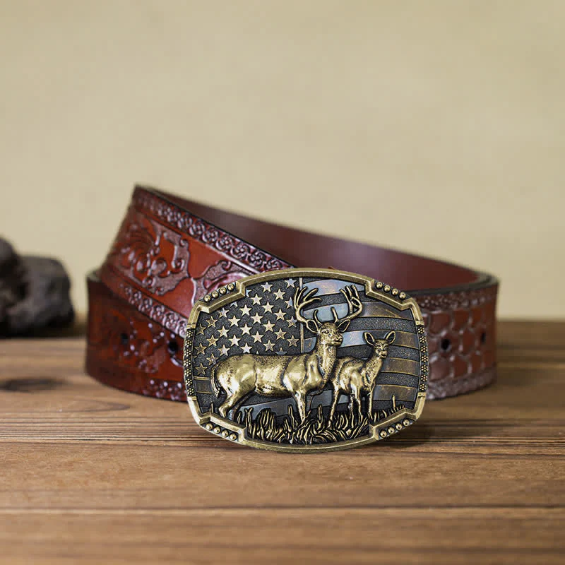 Men's DIY Deer Hunter American Flag Buckle Leather Belt - Image 31