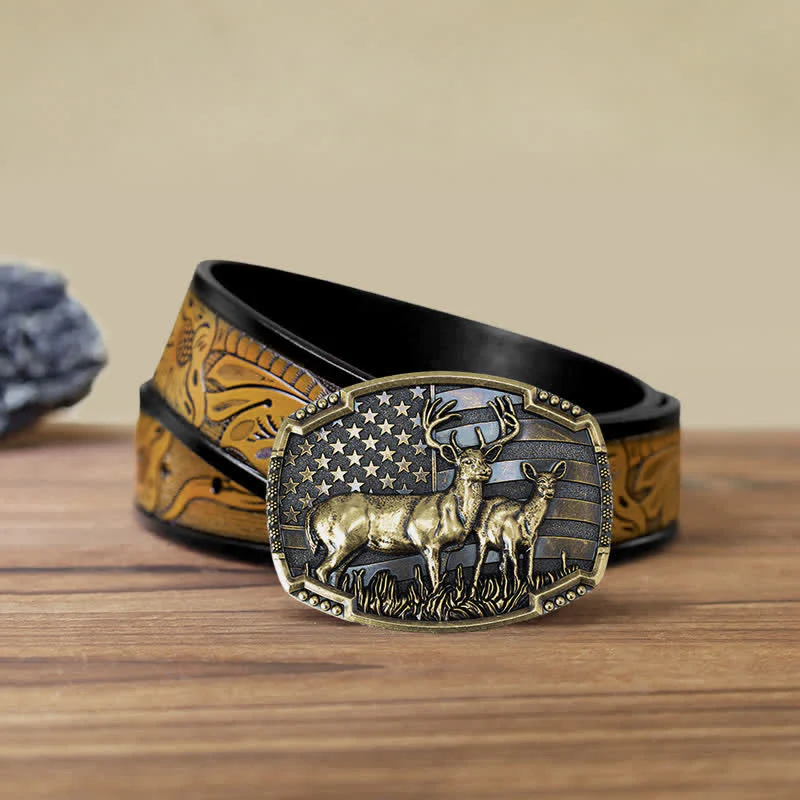 Men's DIY Deer Hunter American Flag Buckle Leather Belt - Image 36