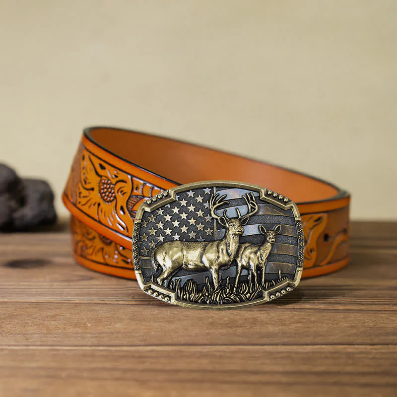 Men's DIY Deer Hunter American Flag Buckle Leather Belt - Image 41
