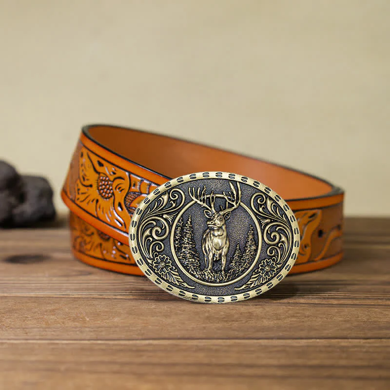 Men's DIY Deer Hunter American Flag Buckle Leather Belt - Image 43