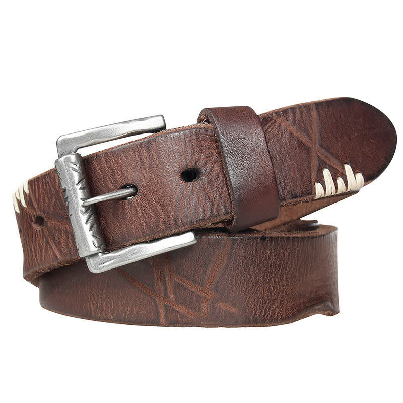 Men's Distressed Retro White Line Decor Leather Belt - Image 4