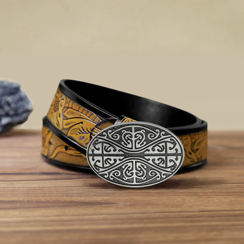 Men's DIY Celtic Cross Pattern Buckle Leather Belt - Image 9