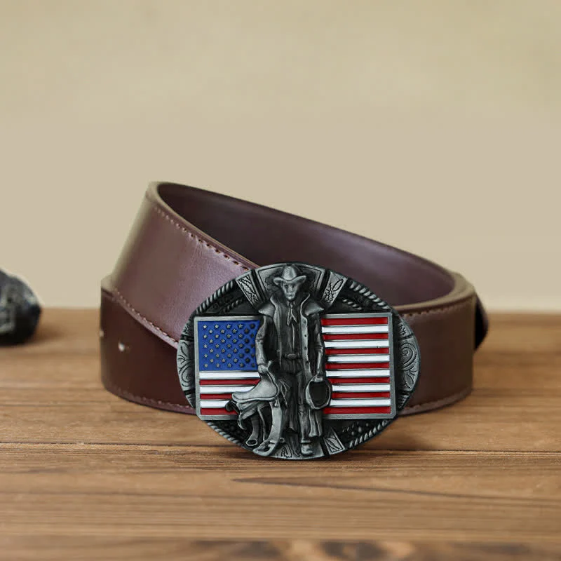 Men's DIY American Flag Cowboy Buckle Leather Belt - Image 10