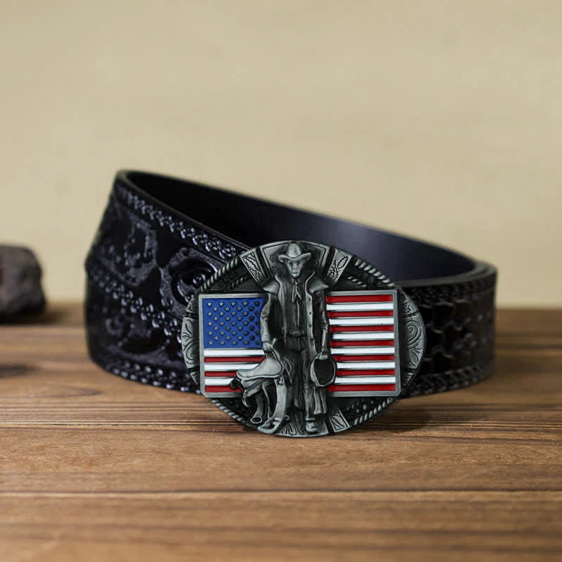 Men's DIY American Flag Cowboy Buckle Leather Belt - Image 12