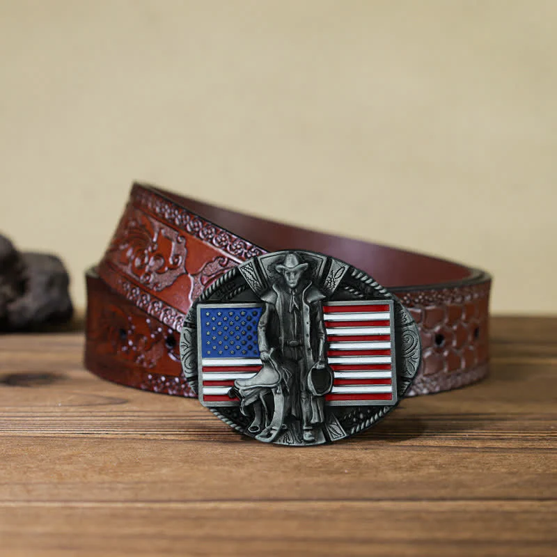 Men's DIY American Flag Cowboy Buckle Leather Belt - Image 15