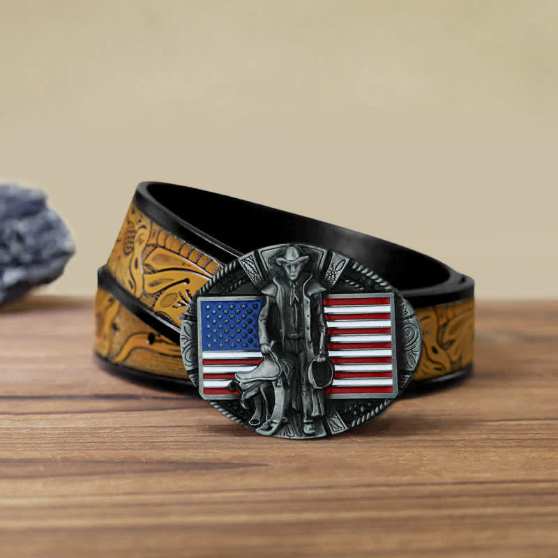 Men's DIY American Flag Cowboy Buckle Leather Belt - Image 17