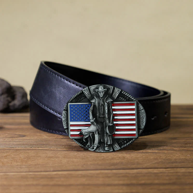 Men's DIY American Flag Cowboy Buckle Leather Belt - Image 5