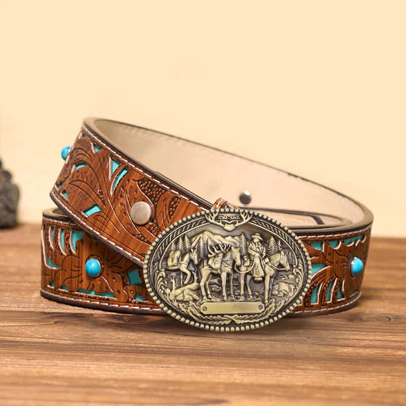 Men's DIY Antique Bronze Knight Leading Horse Buckle Leather Belt - Image 3