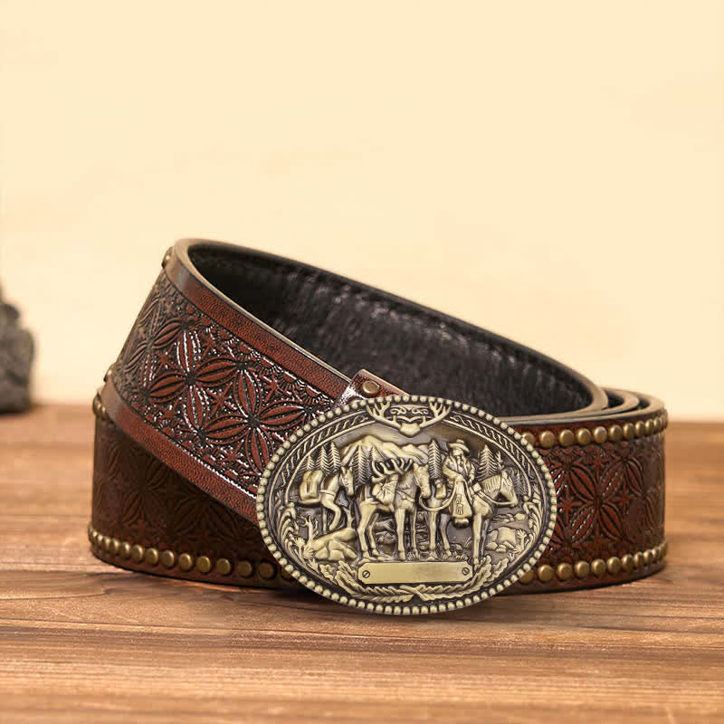 Men's DIY Antique Bronze Knight Leading Horse Buckle Leather Belt - Image 4