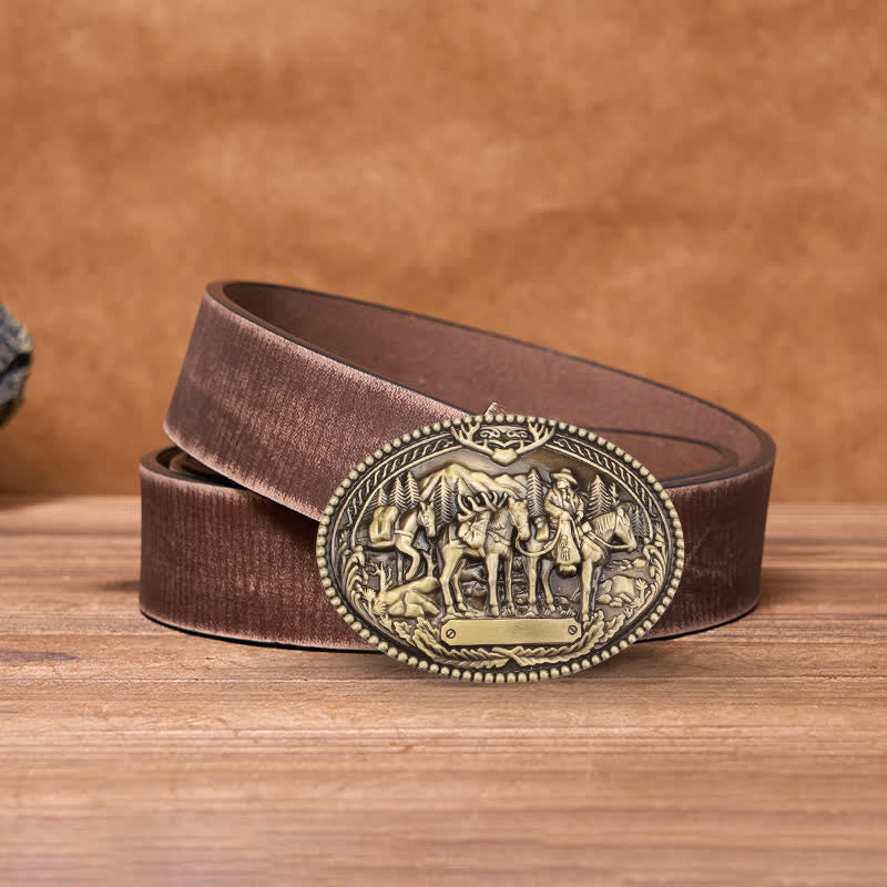 Men's DIY Antique Bronze Knight Leading Horse Buckle Leather Belt - Image 5