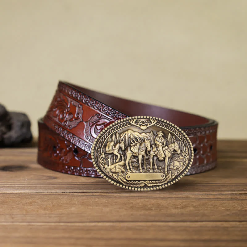Men's DIY Antique Bronze Knight Leading Horse Buckle Leather Belt - Image 6