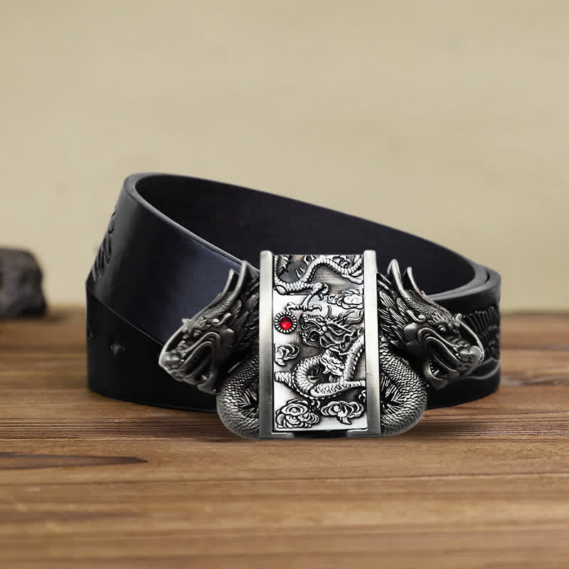 Men's DIY Antique Silver Dual Dragon Leather Belt with Hidden Lighter - Image 4