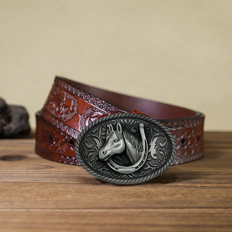 Men's DIY Antique Silver Horseshoe Buckle Leather Belt - Image 12