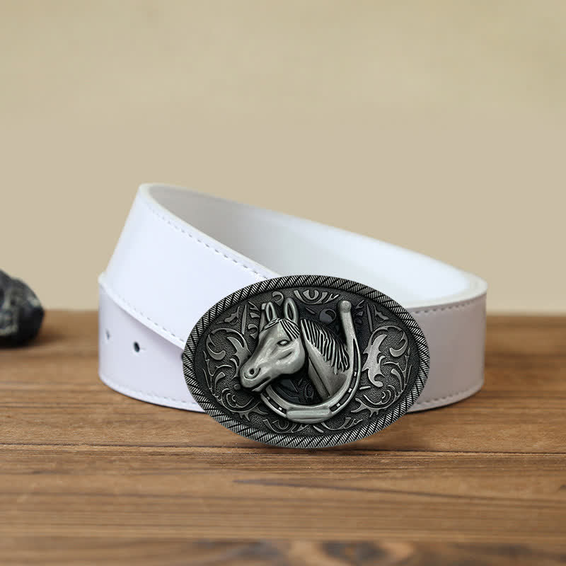 Men's DIY Antique Silver Horseshoe Buckle Leather Belt - Image 6