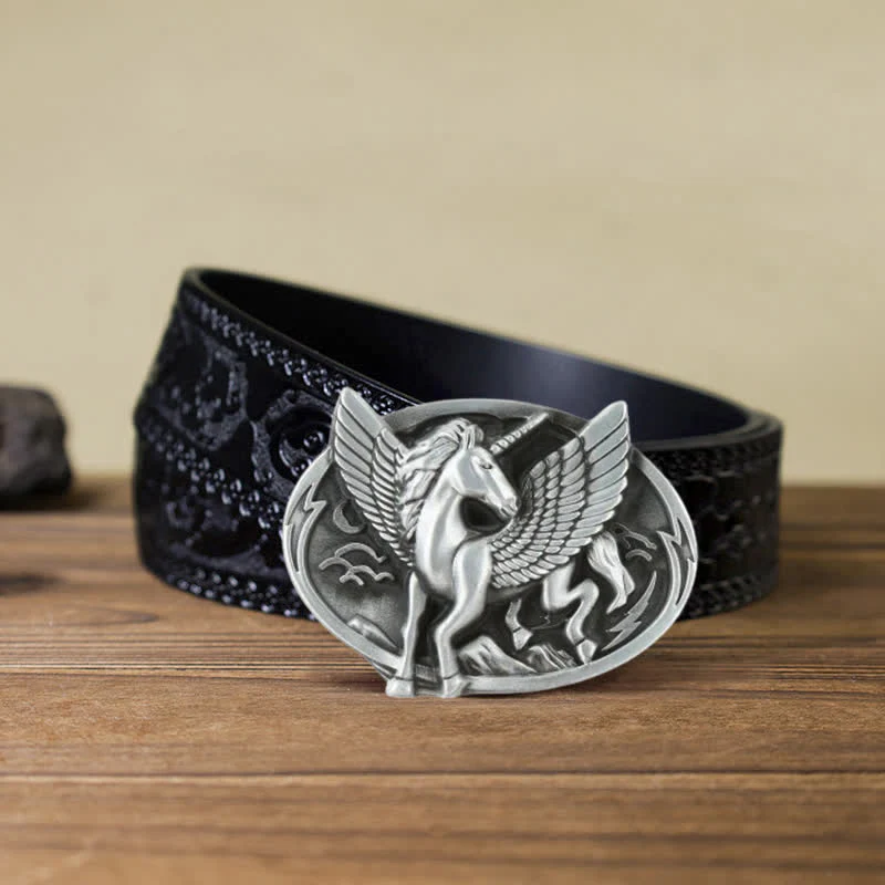 Men's DIY Antique Silver Unicorn Buckle Leather Belt - Image 12