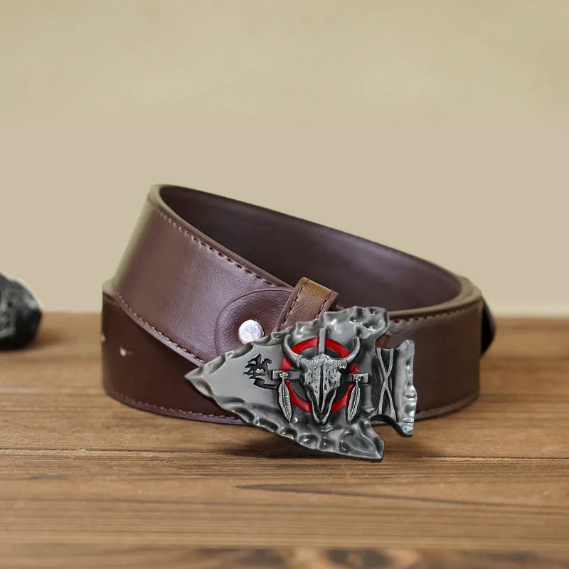 Men's DIY Arrowhead Shaped Bull Buckle Leather Belt - Image 12