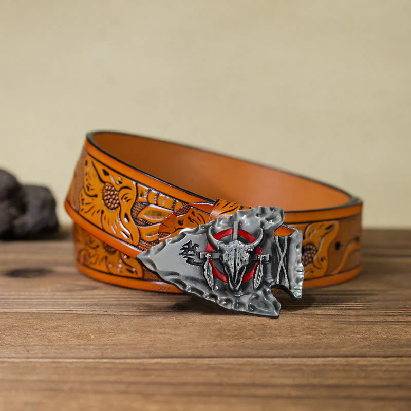 Men's DIY Arrowhead Shaped Bull Buckle Leather Belt - Image 24