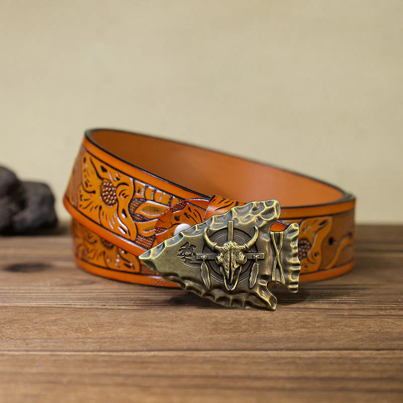 Men's DIY Arrowhead Shaped Bull Buckle Leather Belt - Image 25
